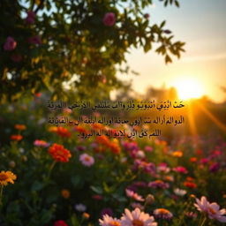 A captivating image of a serene garden at sunset, filled with colorful flowers and lush greenery