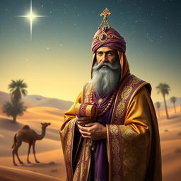 A majestic image of an ornately dressed Wise Man from the Nativity, wearing a regal robe adorned with gold and purple, a rich turban embellished with jewels, and holding a beautifully crafted gift