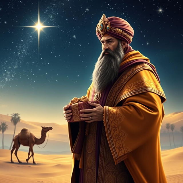 A majestic image of an ornately dressed Wise Man from the Nativity, wearing a regal robe adorned with gold and purple, a rich turban embellished with jewels, and holding a beautifully crafted gift