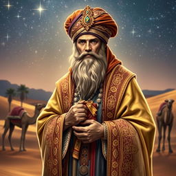 A majestic image of an ornately dressed Wise Man from the Nativity, wearing a regal robe adorned with gold and purple, a rich turban embellished with jewels, and holding a beautifully crafted gift