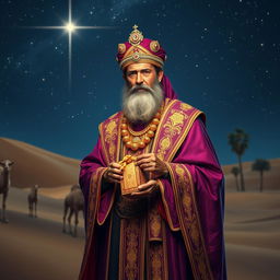 A majestic image of an ornately dressed Wise Man from the Nativity, wearing a regal robe adorned with gold and purple, a rich turban embellished with jewels, and holding a beautifully crafted gift