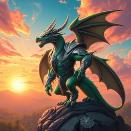 A dynamic digital artwork of a powerful anthropomorphic dragon warrior named Vetor