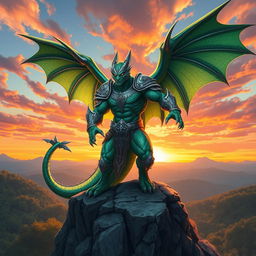 A dynamic digital artwork of a powerful anthropomorphic dragon warrior named Vetor