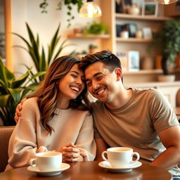 A cute couple sitting together in a cozy café, surrounded by warm lighting and soft decor