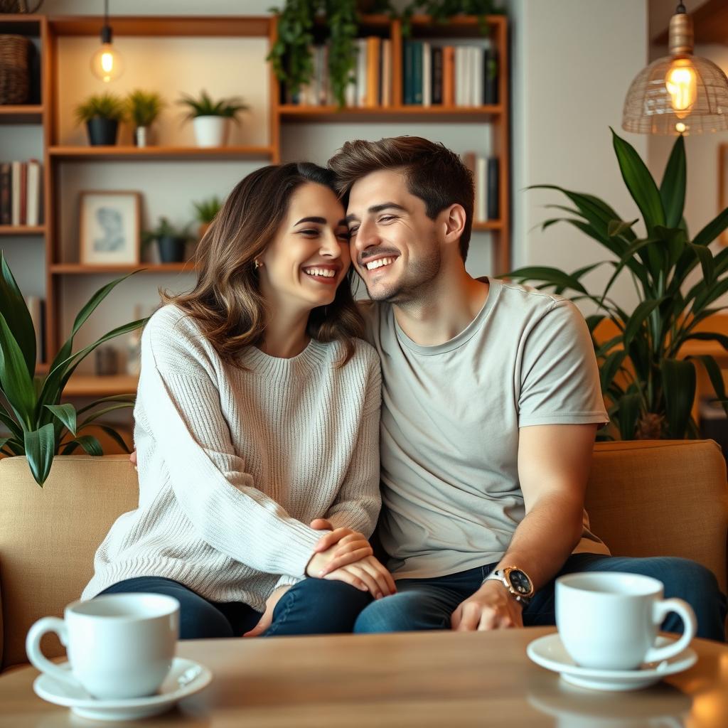 A cute couple sitting together in a cozy café, surrounded by warm lighting and soft decor