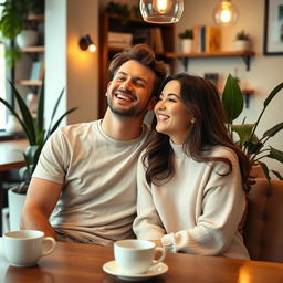 A cute couple sitting together in a cozy café, surrounded by warm lighting and soft decor
