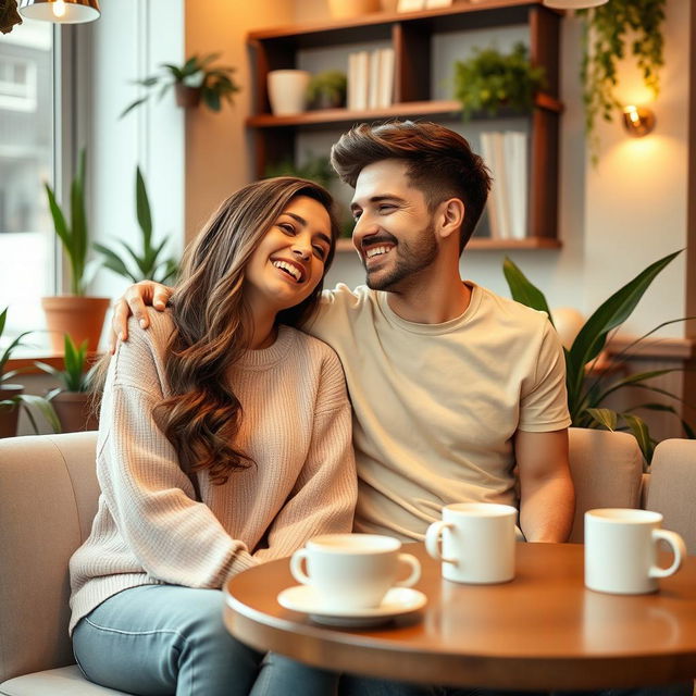 A cute couple sitting together in a cozy café, surrounded by warm lighting and soft decor