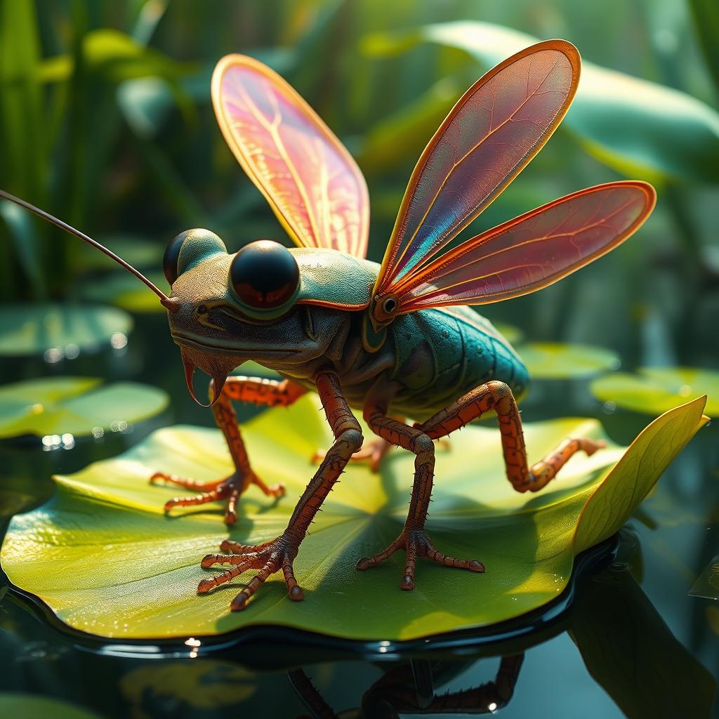 A surreal creature that is a combination of a cockroach and a frog, featuring the body structure of a frog with the exoskeleton texture of a cockroach