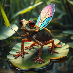 A surreal creature that is a combination of a cockroach and a frog, featuring the body structure of a frog with the exoskeleton texture of a cockroach