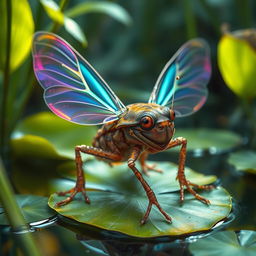 A surreal creature that is a combination of a cockroach and a frog, featuring the body structure of a frog with the exoskeleton texture of a cockroach