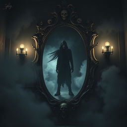 A hauntingly beautiful scene featuring a large, ornate mirror with a ghostly, intricate frame that appears fragile and menacing