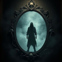 A hauntingly beautiful scene featuring a large, ornate mirror with a ghostly, intricate frame that appears fragile and menacing
