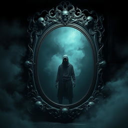 A hauntingly beautiful scene featuring a large, ornate mirror with a ghostly, intricate frame that appears fragile and menacing