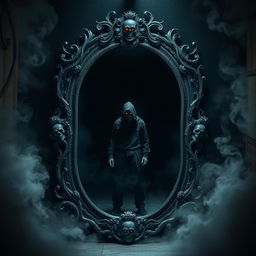 A hauntingly beautiful scene featuring a large, ornate mirror with a ghostly, intricate frame that appears fragile and menacing
