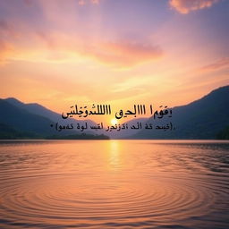 A serene and peaceful landscape featuring a beautiful sunset over a calm lake, surrounded by lush green mountains and trees