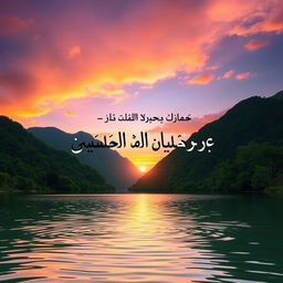 A serene and peaceful landscape featuring a beautiful sunset over a calm lake, surrounded by lush green mountains and trees
