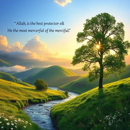 A serene and peaceful landscape depicting the essence of protection and mercy, inspired by the phrase 'Allah is the best protector and He is the most merciful of the merciful