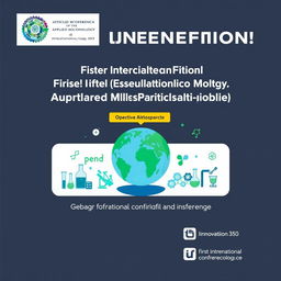 The announcement for the opening of registration and submission of articles for the first international conference on applied microbiology, featuring a professional graphic design with elements like a globe symbolizing international collaboration, laboratory imagery showcasing microbiological experiments, and icons indicating the submission process