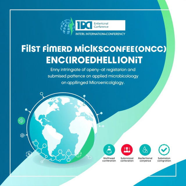 The announcement for the opening of registration and submission of articles for the first international conference on applied microbiology, featuring a professional graphic design with elements like a globe symbolizing international collaboration, laboratory imagery showcasing microbiological experiments, and icons indicating the submission process