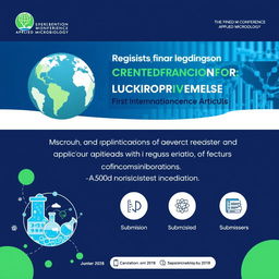 The announcement for the opening of registration and submission of articles for the first international conference on applied microbiology, featuring a professional graphic design with elements like a globe symbolizing international collaboration, laboratory imagery showcasing microbiological experiments, and icons indicating the submission process