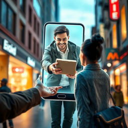 A person emerging from a smartphone, handing over a package to a customer