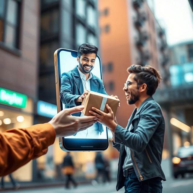 A person emerging from a smartphone, handing over a package to a customer