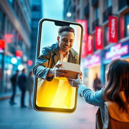 A person emerging from a smartphone, handing over a package to a customer