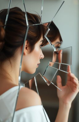 A woman with brown hair styled in a bun and brown eyes gazes into a shattered mirror, viewing her side profile reflection