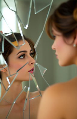 A woman with brown hair styled in a bun and brown eyes gazes into a shattered mirror, viewing her side profile reflection
