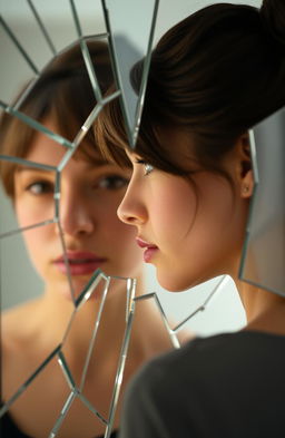 A woman with brown hair styled in a bun and brown eyes gazes into a shattered mirror, viewing her side profile reflection
