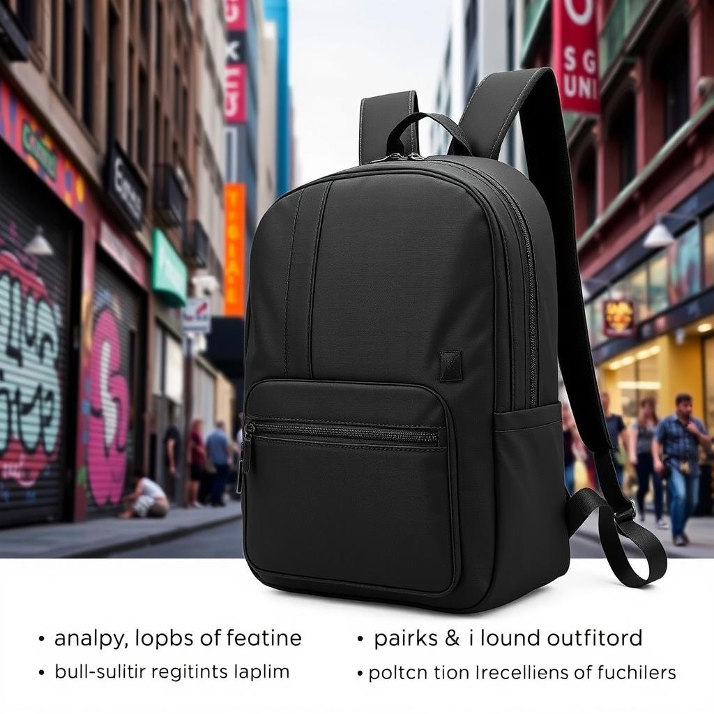 A stylish, modern, and sleek backpack designed for urban exploration, showcasing a sturdy, high-quality fabric in a sophisticated black color