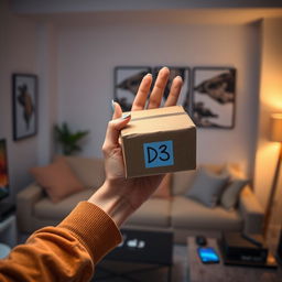 A woman's hand emerging from a mobile phone, holding a delivery package labeled with "D3"