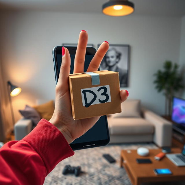 A woman's hand emerging from a mobile phone, holding a delivery package labeled with "D3"