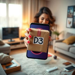 A woman's hand emerging from a mobile phone, holding a delivery package labeled with "D3"