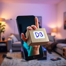 A woman's hand emerging from a mobile phone, holding a delivery package labeled with "D3"