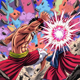 A dramatic battle scene where Luffy from One Piece is depicted in an intense confrontation, using his Gear Fourth transformation