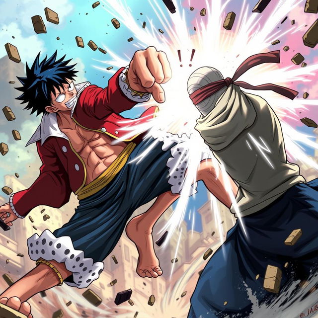 A dramatic battle scene where Luffy from One Piece is depicted in an intense confrontation, using his Gear Fourth transformation