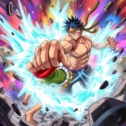 A dramatic battle scene where Luffy from One Piece is depicted in an intense confrontation, using his Gear Fourth transformation