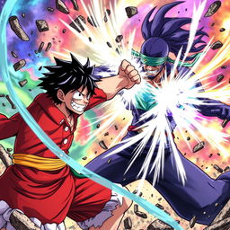 A dramatic battle scene where Luffy from One Piece is depicted in an intense confrontation, using his Gear Fourth transformation