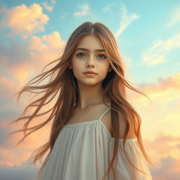 Aesthetic portrait of a girl with a captivating face, set against a beautifully detailed sky background filled with soft pastel colors, wispy clouds, and a hint of sunset glow