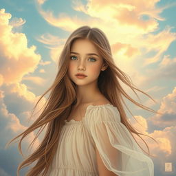 Aesthetic portrait of a girl with a captivating face, set against a beautifully detailed sky background filled with soft pastel colors, wispy clouds, and a hint of sunset glow
