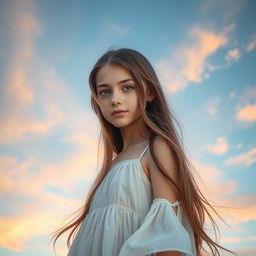 Aesthetic portrait of a girl with a captivating face, set against a beautifully detailed sky background filled with soft pastel colors, wispy clouds, and a hint of sunset glow