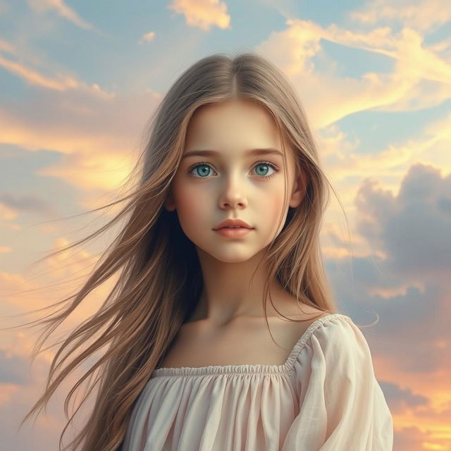 Aesthetic portrait of a girl with a captivating face, set against a beautifully detailed sky background filled with soft pastel colors, wispy clouds, and a hint of sunset glow