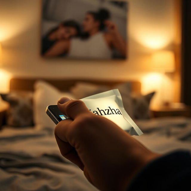 A close-up view of a hand emerging from a smartphone, gripping a package that has the word 'jahzha' clearly written on it