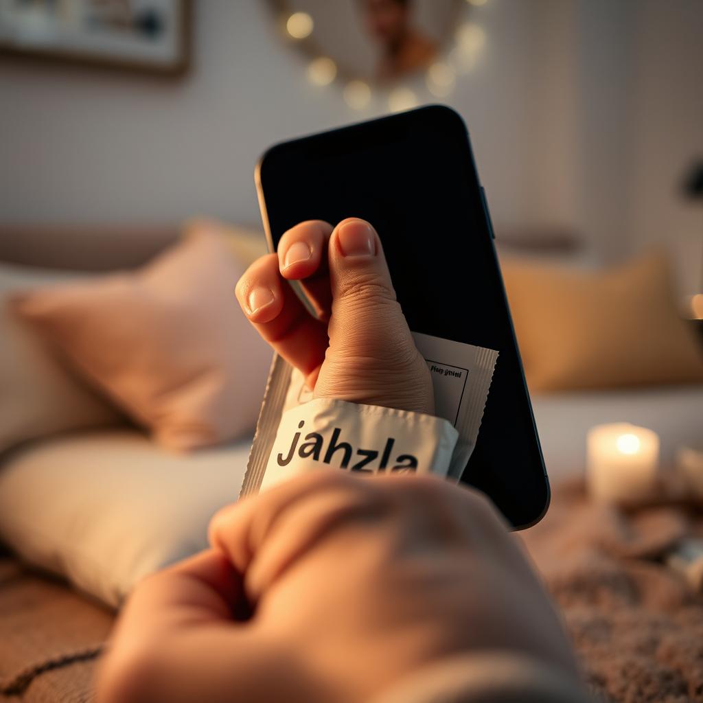 A close-up view of a hand emerging from a smartphone, gripping a package that has the word 'jahzha' clearly written on it