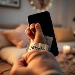 A close-up view of a hand emerging from a smartphone, gripping a package that has the word 'jahzha' clearly written on it