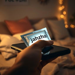 A close-up view of a hand emerging from a smartphone, gripping a package that has the word 'jahzha' clearly written on it