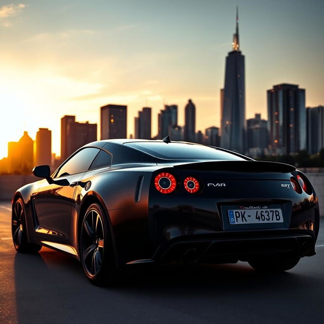 A sleek, modern black sports car parked in front of an urban city skyline during dusk