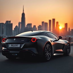 A sleek, modern black sports car parked in front of an urban city skyline during dusk