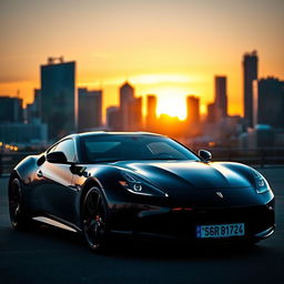 A sleek, modern black sports car parked in front of an urban city skyline during dusk